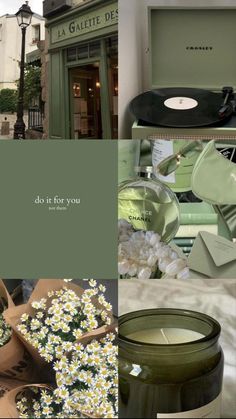 a collage of photos with flowers, vases and other items in them including a record player