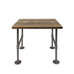 a small wooden table with metal legs