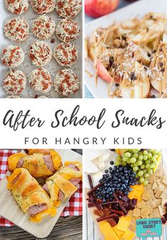 different snacks are shown with the words after school snacks for hungry kids on top of them