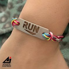 "RUN - Running Bracelet: multicolor, black, & pink, Running Jewelry, Run Bracelet, Gifts for Runners, Running Motivation, Running Inspiration. RUNNING JEWELRY - Show your love for running with this unique, RUN bracelet. You have accomplished the goal--or maybe it is on the horizon! This unique, lightweight and comfortable bracelet will be a constant reminder of your hard work and dedication. Metal \"RUN\" cut out bracelet on 2mm round mulit-colored silky fabric cord or leather cord with lobs Running Bracelet, Running Hills, Running Jewelry, Motivation Running, Running Gifts, Fabric Cord, Running Inspiration, Gifts For Runners, Racing Shirts