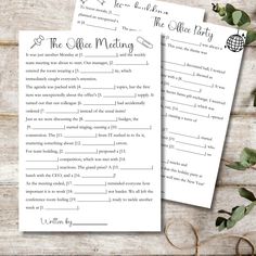 two printable wedding game cards with the words, the alice and the other party