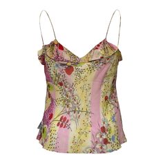 CHRISTIAN DIOR Spring Summer 2003 Floral Print Camisole Sleeveless Silk Top With Floral Print, Chic Pink Silk Camisole, Pink Silk Spaghetti Strap Camisole, Summer Silk Printed Tops, Silk Feminine V-neck Tank Top, Fitted Silk Top With Spaghetti Straps, Spring Silk Sleeveless Tank Top, Pink Silk Tank Top For Spring, Silk Sleeveless Tank Top For Spring