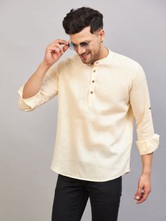 Vastramay Men's Cream Short Cotton Kurta Festive Cream Cotton Kurta, Traditional Beige Cotton Kurta, Cream Straight Kurta, Creme Kurta Men, Ceremonial Cream Jamawar Kurta, Men Cream, Cream Shorts, Cream Style, Short Sleeve Pattern