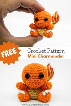 a small crocheted orange stuffed animal sitting on top of a white background with the words free crochet pattern mini charmmer