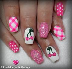 .... Fruit Design Nails Summer, Pin Up Nails, Fruity Nails, Heart Cherries, 3d Love Heart, Cherry Nail Art, Sweet Cherry Pie