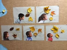 four pictures of children with leaves on them and the caption reads, make een to