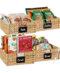 two baskets filled with food and snacks on top of each other