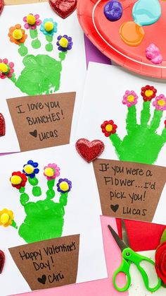 valentine's day cards with flowers and handprints on them