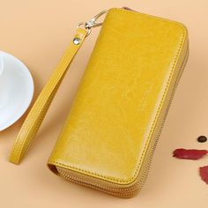 Oil Wax Leather Wallet Women Long Double-layer Zipper Large-capacity Hand Wallet Coin Purse - Trendha Yellow Peacock, Leather Wallet Women, Bill Holder, Hidden Compartments, Zippers Fashion, Oil Shop, Wallets For Women Leather, Cotton Bottoms, Peacock Blue