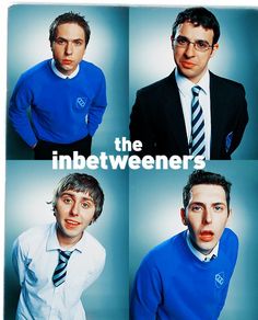 four men in blue sweaters and ties are posing for the same photo, each with different expressions on their faces