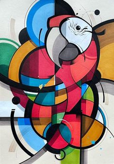 an abstract painting with different colors and shapes on it's face, including a parrot