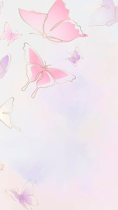 several pink butterflies flying in the sky on a light blue and pink background with space for text