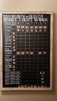 a chalkboard with many pictures on it in front of a wall mounted sign that says many hands mark the high work task