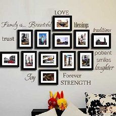 the wall is decorated with many pictures and sayings for family, love, and strength