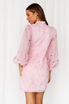 Length from shoulder to hem of size S: 81cm. Pink long sleeved dress. Partially lined. Cold hand wash only. Model is a standard XS and is wearing XS. True to size. Lightweight embroidered fabric; non-stretchy. High neck. Invisible back zip. Polyester. We all love to channel our inner class, and luckily the High Class Dress will do just that! Feel sophisctaed at your next fancy event with this high neck, long sleeve mini. Embroided with a beautiful design, this dress can be styled with natural heels and a natural makeup look.