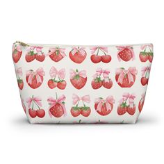 A Touch of Sweetness: Our Coquette Strawberry Pouch Embrace the charm of cottagecore with our adorable strawberry pouch. The playful design and soft colors make it perfect for carrying your essentials in style. Our t-bottom pouches vary from small to large and can be used for pretty much anything. They make excellent pencil cases and cosmetic travel bags. They are constructed from a durable material with a zipper closure. .: 100% Polyester .: With non-woven laminate inside .: Multiple sizes Pouch Aesthetic, Coquette Strawberry, Utility Pouch, Cute Strawberry, Pencil Cases, Travel Cosmetic Bags, Purse Pouch, Playful Design, Soft Colors