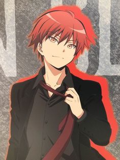 an anime character with red hair wearing a suit and tie, standing in front of a gray background