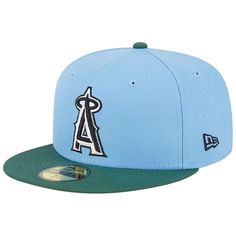 the los angeles angels'new era 59fifty fitted - back cap is light blue and has a green brim