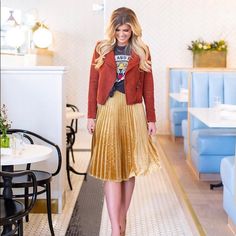 The Accordion Pleated Velvet Skirt From Lucy Paris In Gold Pleated Velvet Skirt, Capsule Clothing, Pleated Mini Skirt Outfit, Velvet Pleated Skirt, Mini Skirt Outfit, Capsule Outfits, Gold Velvet, Velvet Skirt, Pleated Mini Skirt