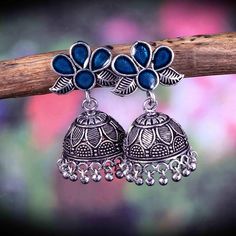 Oxidized silver plated party wear Meenakari jhumka jhumki earrings for women/ fast shipping world-wide (Blue) Silver Jhumkas For Navratri, Bohemian Alloy Earrings For Weddings, Silver Metal Jhumkas With Latkans, Handmade Silver Jhumkas For Party, Silver Meenakari Danglers For Festivals, Silver Meenakari Danglers, Silver Metal Earrings With Meenakari, Silver Dangle Earrings For Navratri, Silver Bollywood Jhumkas With Matching Earrings