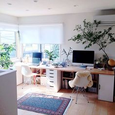 a desk with two computers on top of it and a rug in front of it