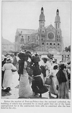 an old black and white photo of people standing in front of a church with the words before the market of post - purchase times, the national cathedral