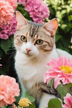 a cat sitting in the middle of some flowers and looking at the camera with an intense look on its face