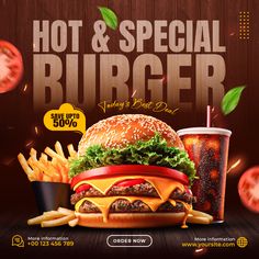 an advertisement for a hot and special burger