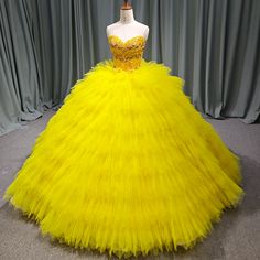 Princess Yellow Strapless Puffy Quinceañera Long Party Dress Yellow Quinceanera Dress, Long Party Dress, Puffy Skirt, Inspired Aesthetic, Prom Ball Gown, Lace Party Dresses, Princess Inspired, Dresses Royal, Party Look