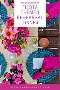 a table with flowers and place settings for a fiesta themed dinner or bridal party