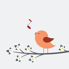 a small bird sitting on top of a branch next to a music note and flower