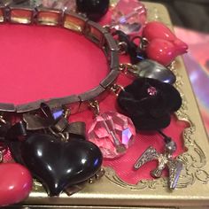 Vintage Stretchy Charm Bracelet By Betsey Johnson Doll Barbie, Betsey Johnson Jewelry, Puffy Heart, Stretch Bracelet, Jewelry Ideas, Stretch Bracelets, Womens Jewelry Bracelets, Betsey Johnson, Pink Black