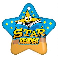 a star shaped ornament with the words star reader written in blue and yellow