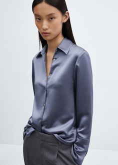 Satin buttoned shirt - Women | Mango USA Old Navy Satin Blouse, Satin Blouse Shirts Nordstrom, Silk Womens Shirts, Silk Dress Shirt Women, Plain Button Up Shirt Women, Silk Shirt Woman, Satin T Shirts, Cheap Zara Blouse For Work, Casual Satin Shirt