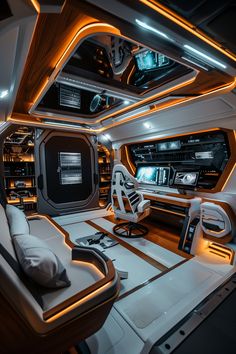 the interior of a futuristic vehicle is lit up