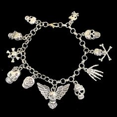 New. This Bracelet Makes A Perfect Gift Has 11 Skull Themed Charms Stainless Steel Bracelet Has A Lobster Clasp Closure Measures Approx 8” Bracelet And Charms Are Silver Tone Alloy And Steel. Charms Measure Approx 1/2” - 1” In Size Gothic Homecoming, Goth Bracelets, Pink Crystal Bracelet, Minimalist Bangle, Leather Charm Bracelets, Birthday Stuff, Multi Strand Bracelet, Jewelry Accessories Ideas, Gold Charm Bracelet