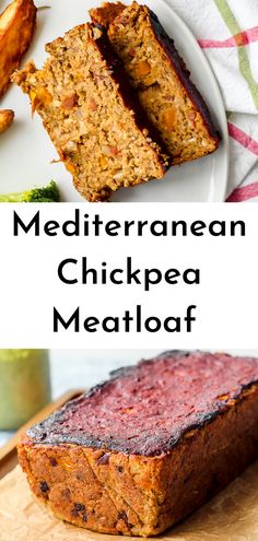 meatloaf on a plate with the words mediterraneann chickpea meatloaf