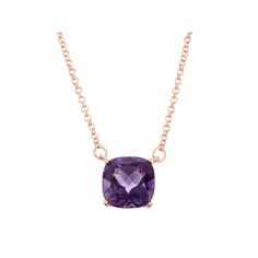 A cushion-cut amethyst stone gives this 18k rose gold over sterling silver necklace a radiant look. Click on this JEWELRY & WATCHES GUIDE to learn about fit, styles, materials and more!NECKLACE DETAILS Length: 16 in. with 2-in. extender Clasp: lobster-claw Metal: 18k rose gold over sterling silver Packaging: boxed STONE DETAILS Stone type: amethyst Total weight: 3 1/2 ct. Center stone size: 10 mm x 10 mm Shape: cushion cut Setting: prong Gemstones may have been treated to enhance their appearanc Cushion Cut Amethyst Jewelry Gift, Fine Jewelry With Cushion Cut Amethyst, Fine Jewelry Cushion Cut Amethyst, Cushion Cut Amethyst Fine Jewelry, Classic Cushion Cut Amethyst Jewelry, Luxury Cushion Cut Gemstone Necklace, Classic Amethyst Rose Gold Jewelry, Classic Rose Gold Amethyst Jewelry, Luxury Purple Cushion Cut Jewelry