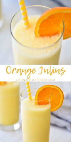 orange juice in a glass garnished with an orange slice and two straws