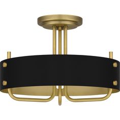 a black and gold chandelier with two lights on each side, one light in the