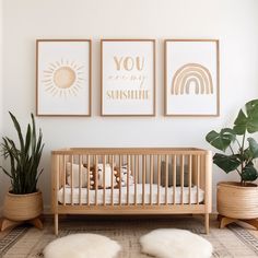 a baby's room with three pictures on the wall and two potted plants