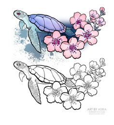 a turtle and some flowers on a white background