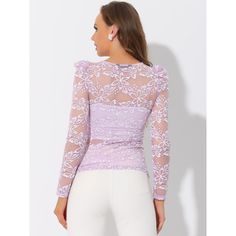 Add some romance to your look with this sheer lace top. The slightly stretchy fabric creates a breezy, textural base for this lace top, which is accented with long sleeves for a feminine dimension. A cami top should be worn, which is not included in this garment. This sheer top has a feminine design of floral lace and long puff sleeves. A semi-sheer top features an allover floral lace design, a round neck, and long sleeves. Great for simple but trendy pants or skirts. Long Sleeve Ideas, Lace Undershirt, Lace Wrap Top, Models Outfits, Singer Fashion, Sleeve Embroidery, Trendy Pants, Sheer Lace Top, Sleeves Ideas