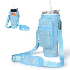 a blue cell phone case with a strap attached to it and an ice pack in the back