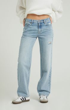 Jordyn Light Indigo Ripped Low Rise Straight Leg Jeans American Eagle Low Rise Jeans, Ripped Straight Leg Jeans, Low Rise Straight Leg Jeans, Jeans Pacsun, Pacsun Jeans, Christmas List, Pacsun, Straight Leg Jeans