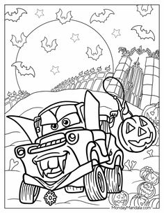 an image of a cartoon car with pumpkins on it