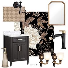 a bathroom with black and gold decor on the walls, toiletries, sink, mirror and wall sconces