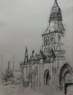 a drawing of a building with a clock tower