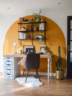 a room with a desk and shelves on the wall next to a cactus in a pot