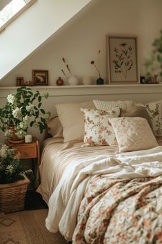 a bed sitting under a window next to a wooden table with flowers on top of it